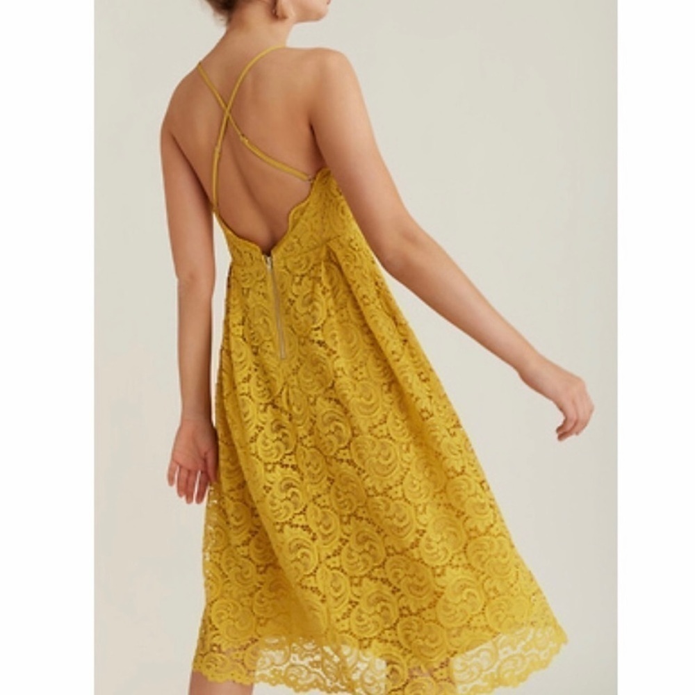 J.O.A. Golden Yellow Lace backless halter midi dress S - Picture 7 of 9